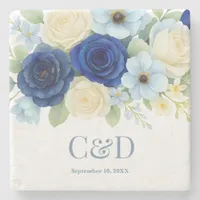 Navy Royal Bue Wedding Watercolor Ivory Flowers Stone Coaster