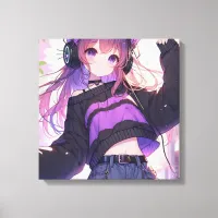 Pretty Anime Girl in Headphones with Cat Ears Canvas Print