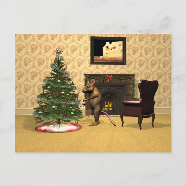 Cute Mouse Decorating a Christmas Tree Holiday Postcard