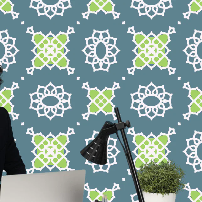 Moroccan Geometric Deep Blue Lime Green White  Wallpaper