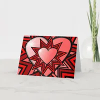 Pink Hearts in Red Abstract Design Card