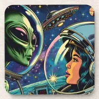 Woman Astronaut Meets Extraterrestrial Alien Beverage Coaster