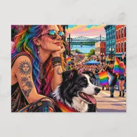 Woman and Border Collie at a Pride Parade Postcard
