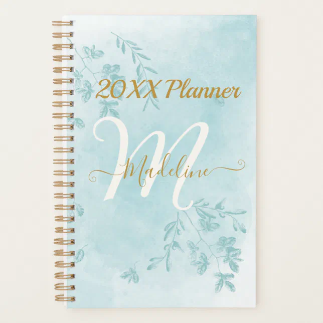 Watercolor Blue Leaves Monogram Planner