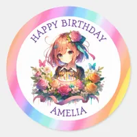 Cute Rainbow Anime Girl Birthday Cake Personalized Classic Round Sticker