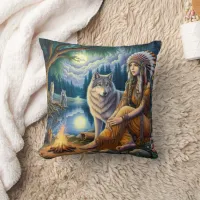 'Native American Woman and Wolf by Lake' Throw Pillow