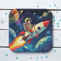 A Comic Book style Boy on a Rocket in Space Paper Plates