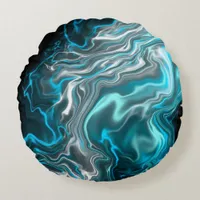 Black and Blue Marble Fluid Art  Round Pillow