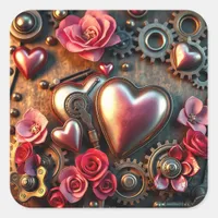 Roses, Hearts and Metal Gears Steampunk Square Sticker