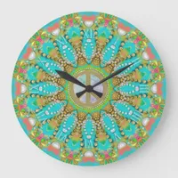 Aqua Gold Groovy Fractal Gems Peace Mandala Large Clock