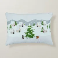 Winter village with snow, bunny, squirrel and pine accent pillow