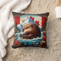 Canadian Beaver Building a Dam in Autumn River Throw Pillow