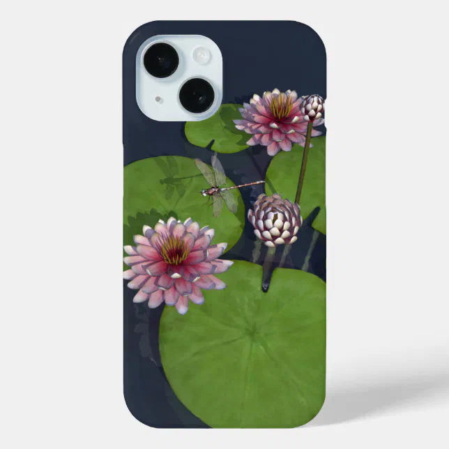 Pretty Pink Water Lily and Dragonfly iPhone 15 Case