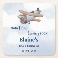 Landing Soon Blue Boy Airplane Baby Shower Square Paper Coaster