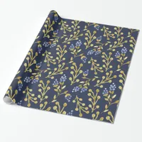 Navy Blue Watercolor Berry Floral  Wrapping Paper