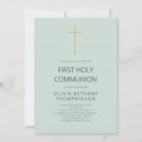 Minimalist Gold Cross First Holy Communion Mint Invitation
