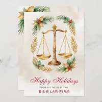 Gold Justice Scale Holly Wreath Law Firm Christmas Holiday Card