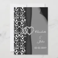 Black and White Damask FAUX ribbon diamante design Invitation