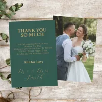 Green With Gold Elegant Script Wedding Photo Thank You Card