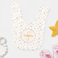 Kids Cute Name Pink Orange Pattern of Suns Hearts  Baby Bib