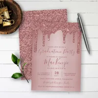 Rose Gold Sparkle Glitter Drips Graduation Party Invitation