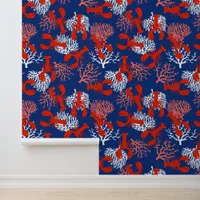 Navy Blue White and Coral Lobster Patterned Wallpaper