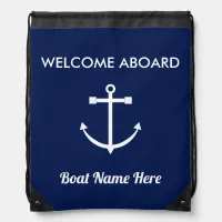 Nautical Anchor Sailing Navy Blue Welcome Aboard Drawstring Bag