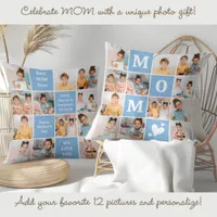 Modern MOM Personalized 12 Photo Collage Blue Throw Pillow