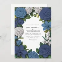 Navy, Dusty Blue & Silver Floral Wedding Invitation
