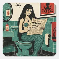 Mid Century Sea Siren on Toilet Reading Newspaper Square Sticker