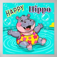 Happy Hippo | Cute Cartoon Kid's Nursery Art Poster