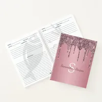 Rose Gold Pink Glitter Drips Monogram Recipe Notebook