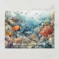 Coral reef and fishes watercolor postcard