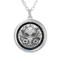 Extraterrestrial Alien in Flowers  Silver Plated Necklace