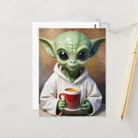 Little Green Alien in PJs with a Coffee Postcard