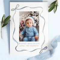 Blue Wavy Ribbon Bow Frame Christmas Photo Holiday Card