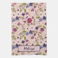 Lavender & Magenta Watercolor Roses & Violets Kitchen Towel