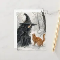 Fantasy Witch and Ginger Cat in Winter Forest Postcard