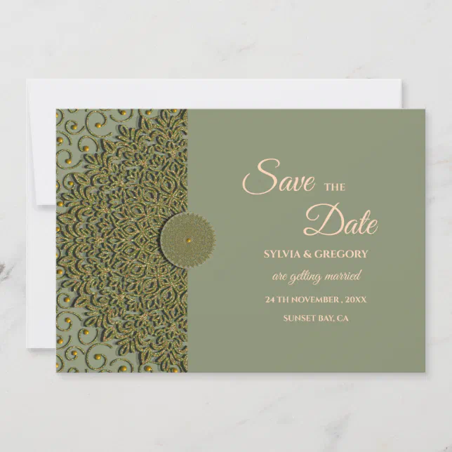 Elegant Modern Sage green & gold classic mandala Save The Date