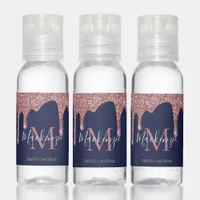 Navy Blue Rose Gold Sparkle Glitter Drips Monogram Hand Sanitizer