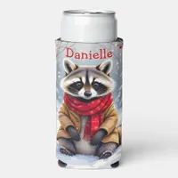 Cute Whimsical Raccoon Christmas Personalized Seltzer Can Cooler