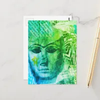 Stone face Abstract Mix Media Collage Blue Green Postcard