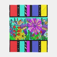 Pretty Colorful Folk Art Style Bird and Flowers Fleece Blanket