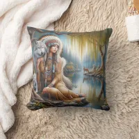 Native American Woman Embracing Wolf by Riverbank Throw Pillow