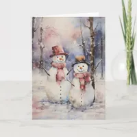 Two Snowmen in Hats and Scarves Christmas Greeting Card