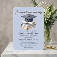 Light Blue Watercolor Books Cap Graduation Party Invitation