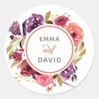 Rustic Watercolor Pink and Purple Floral Wedding Classic Round Sticker