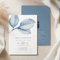 3 Large Watercolor Dusty Blue Leaves QR Wedding Invitation