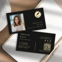 Simple Black & Gold Feather Notary Service Photo Business Card