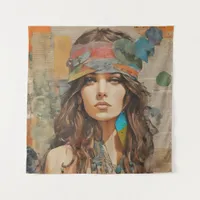 1970s Hippie Woman Collage Tapestry